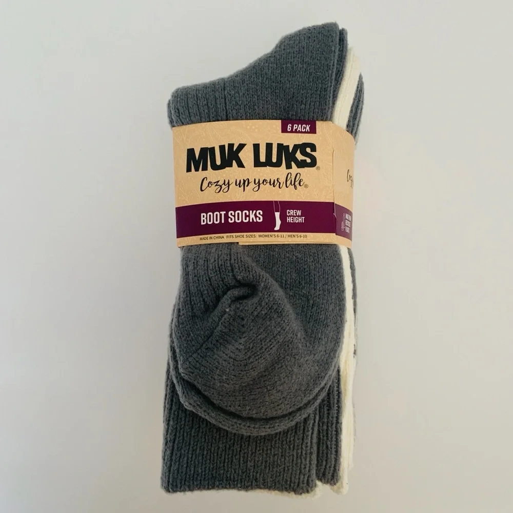 Muk Luks Crew Boot Socks Pink/Gray 6-Pack Fits Women’s Shoe Sizes 6-11 NWT